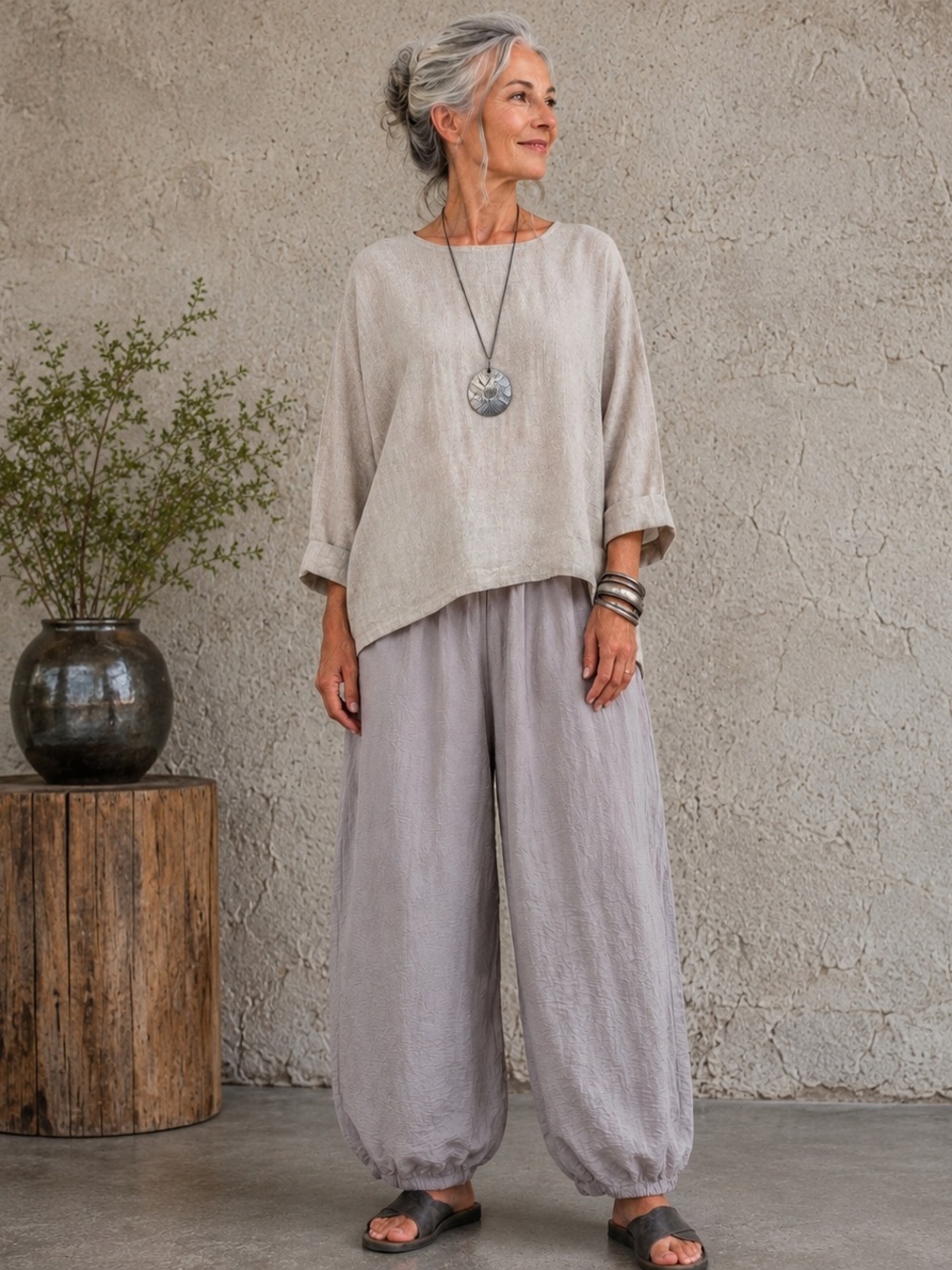 CUT LOOSE Lagenlook Barrel Leg Balloon Pants Gray Taupe Elastic Waist Size L